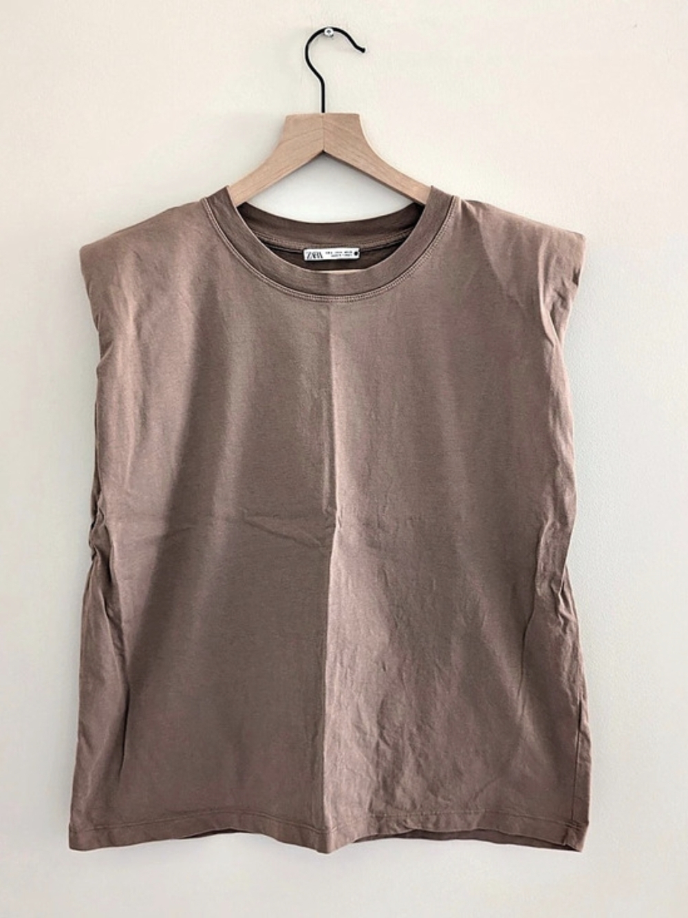 Zara Shoulder Pad Top Cotton Boxy Tee in Brown